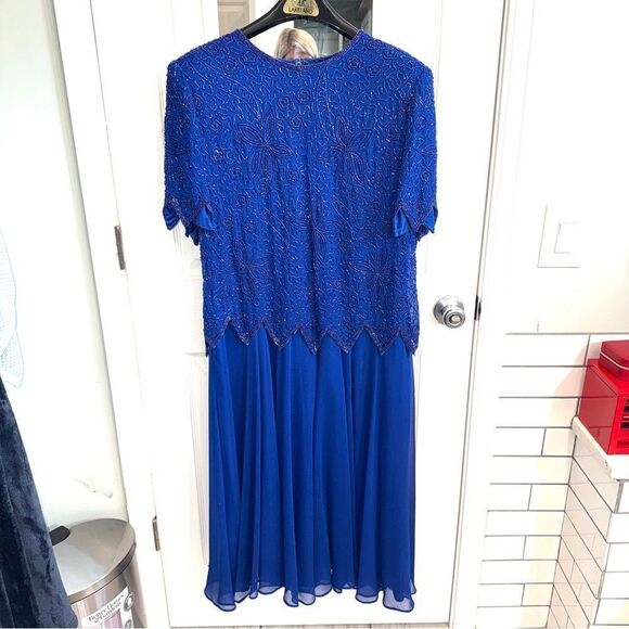 BRILLIANTE by J.A. Vintage Short sleeve cobalt blue formal gown with beading- 1X - Picture 1 of 15